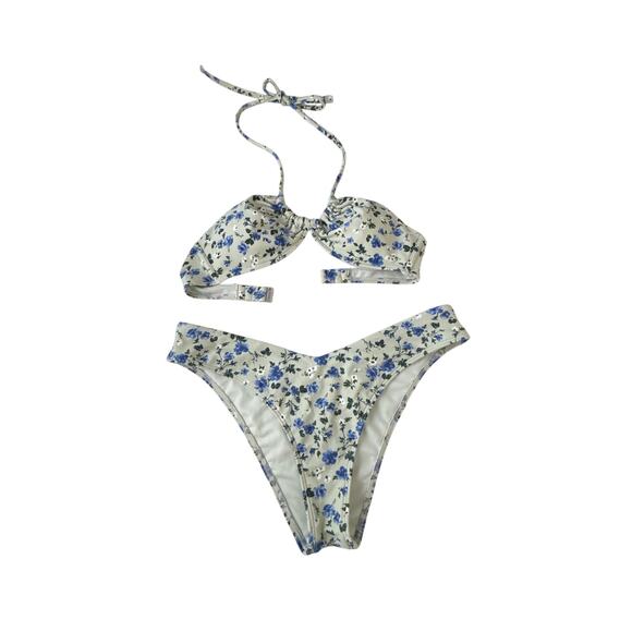 Abercrombie Bikini Upside Down Halter Triangle Top Mid-Rise High-Leg Bottoms - Picture 11 of 13